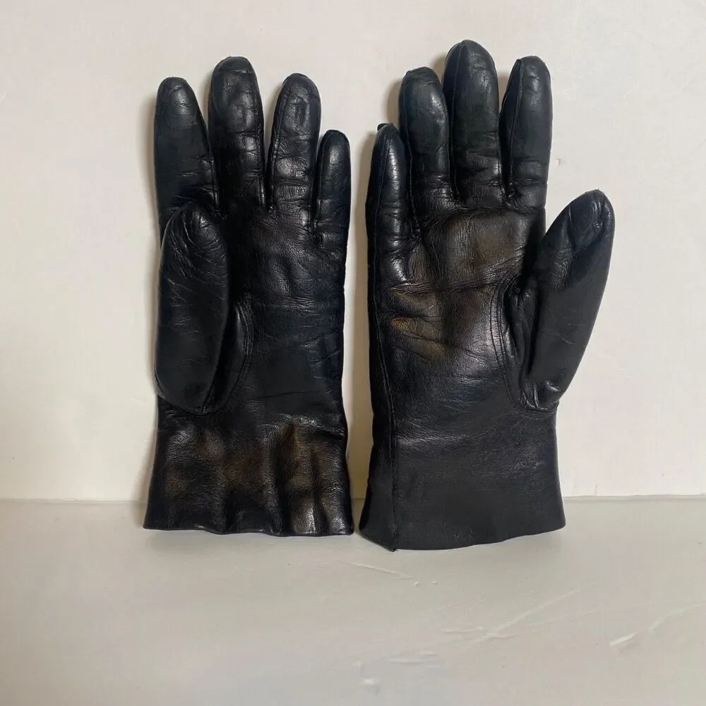 Astor One Italy Black Leather Gloves Rabbit Fur Lined Size 6.5